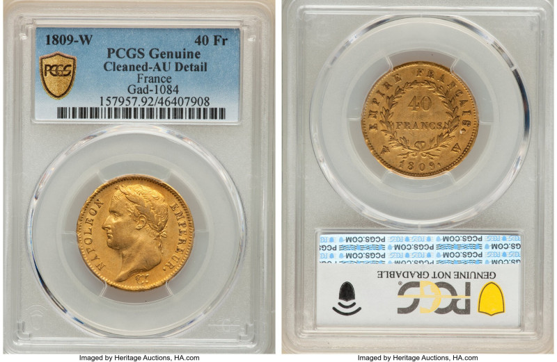 Napoleon gold 40 Francs 1809-W AU Details (Cleaned) PCGS, Lille mint, KM696.6, F...