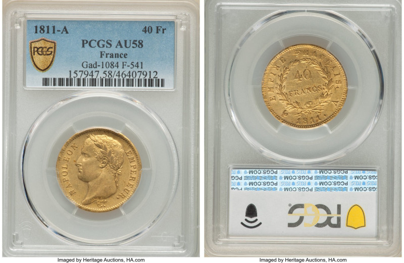 Napoleon gold 40 Francs 1811-A AU58 PCGS, Paris mint, KM696.1, Fr-505, Gad-1084,...