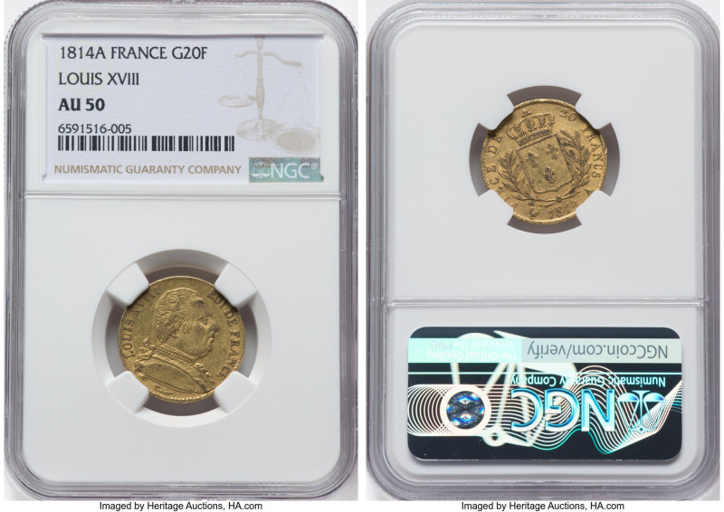 Louis XVIII gold 20 Francs 1814-A AU50 NGC, Paris mint, KM706.1, Fr-525. HID0980...