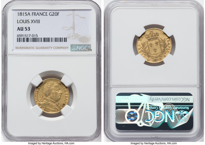 Louis XVIII gold 20 Francs 1815-A AU53 NGC, Paris mint, KM706.1, Fr-525. HID0980...