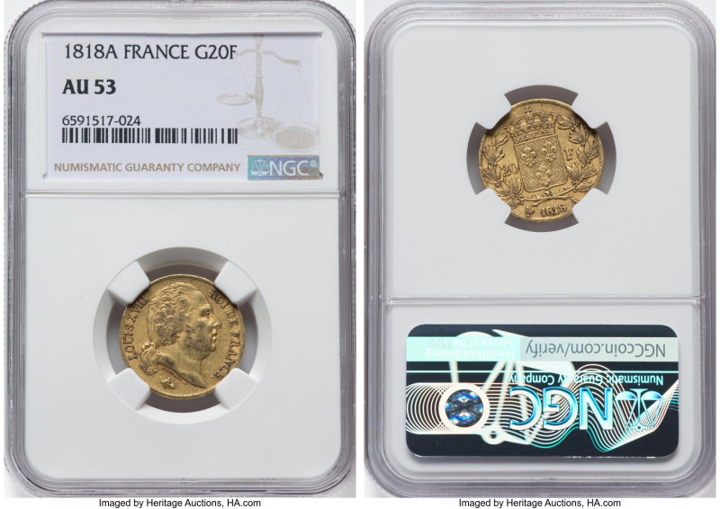 Louis XVIII gold 20 Francs 1818-A AU53 NGC, Paris mint, KM712.1, Fr-538. HID0980...