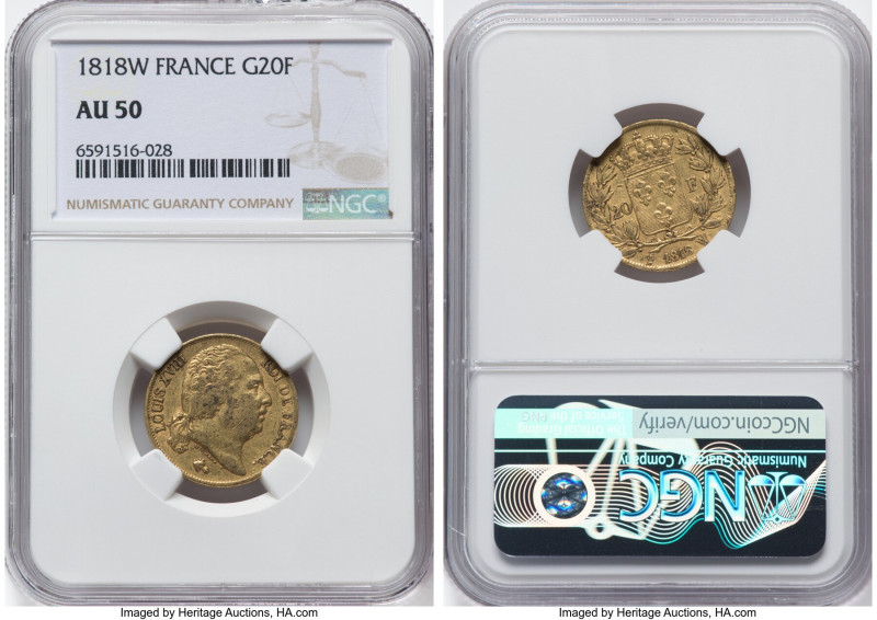 Louis XVIII gold 20 Francs 1818-W AU50 NGC, Lille mint, KM712.9, Fr-539. HID0980...