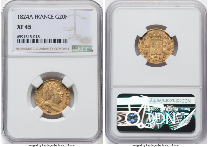 Louis XVIII gold 20 Francs 1824-A XF45 NGC, Paris mint, KM712.1, Fr-538. HID0980...