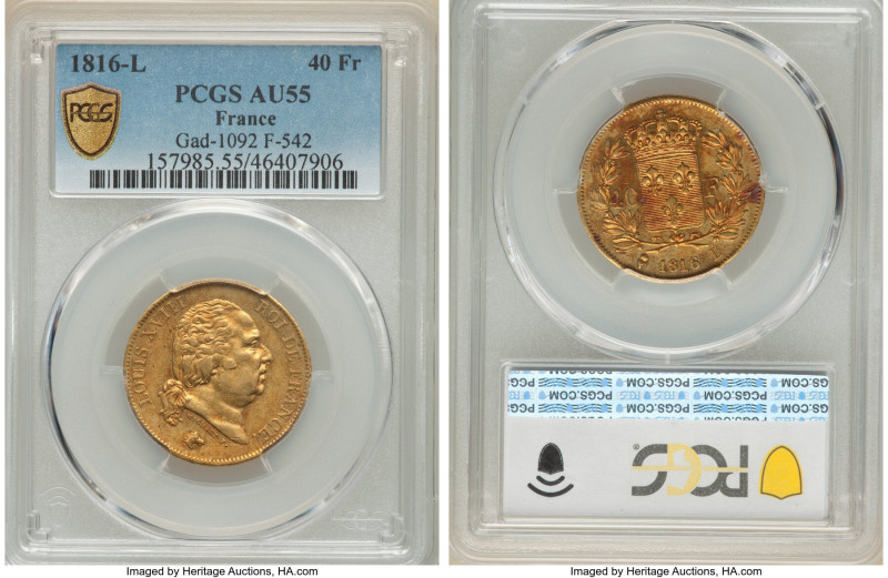 Louis XVIII gold 40 Francs 1816-L AU55 PCGS, Bayonne mint, KM713.4, Gad-1092, F-...