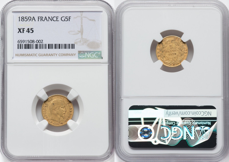 Napoleon III 5 Francs 1859-A XF45 NGC, Paris mint, KM782.1, Fr-578a. HID09801242...