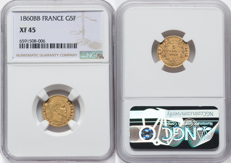 Napoleon III gold 5 Francs 1860-BB XF45 NGC, Strasbourg mint, KM787.2, Fr-579. H...
