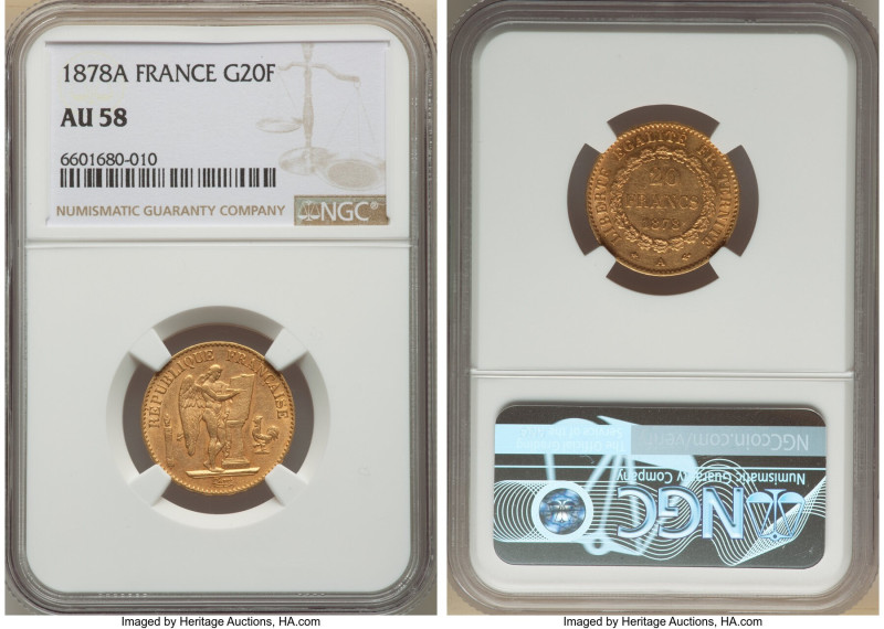 Republic gold 20 Francs 1878-A AU58 NGC, Paris mint, KM825, Fr-592. HID098012420...