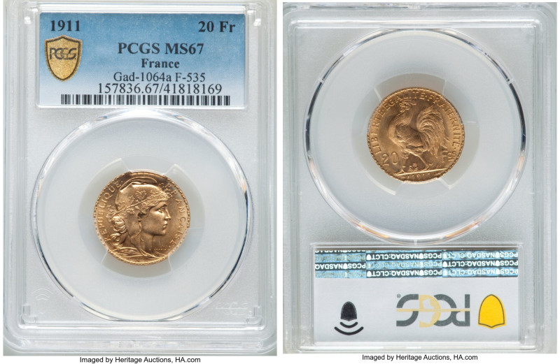 Republic gold 20 Francs 1911 MS67 PCGS, KM857, Gad-1064a, F-535. HID09801242017 ...