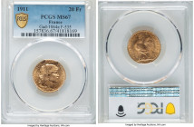 Republic gold 20 Francs 1911 MS67 PCGS, KM857, Gad-1064a, F-535. HID09801242017 © 2022 Heritage Auctions | All Rights Reserved