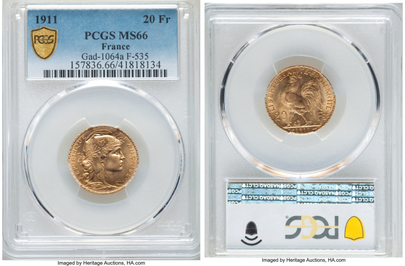 Republic gold 20 Francs 1911 MS66 PCGS, KM857, Gad-1064a, F-535. HID09801242017 ...