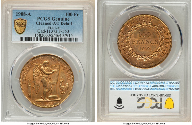 Republic gold 100 Francs 1908-A AU Details (Cleaned) PCGS, Paris mint, KM858, Ga...
