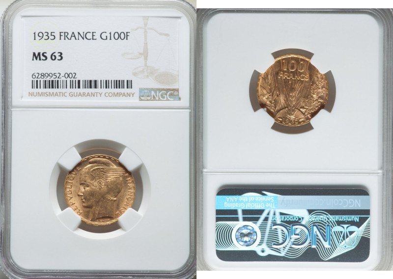 Republic gold "Bazor" 100 Francs 1935 MS63 NGC, Paris mint, KM880, Gad-1148. HID...