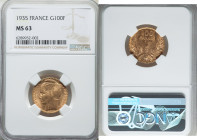 Republic gold "Bazor" 100 Francs 1935 MS63 NGC, Paris mint, KM880, Gad-1148. HID09801242017 © 2022 Heritage Auctions | All Rights Reserved