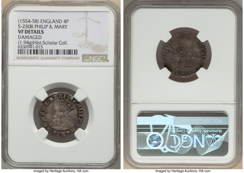 Philip II of Spain & Mary Groat ND (1554-1558) VF Details (Damaged) NGC, Tower m...