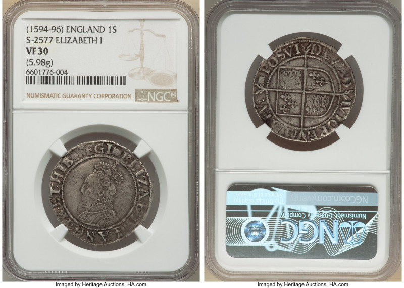 Elizabeth I (1558-1603) Shilling ND (1594-1596) VF30 NGC, Tower mint. Woolpack m...