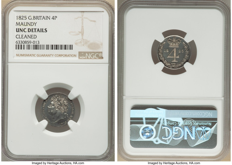 George IV 4-Piece Certified Maundy Set 1825 NGC, 1) 4 Pence - UNC Details (Clean...