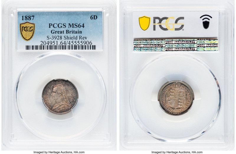 Victoria 6 Pence 1887 MS64 PCGS, KM759, S-3928. Shield reverse variety. HID09801...