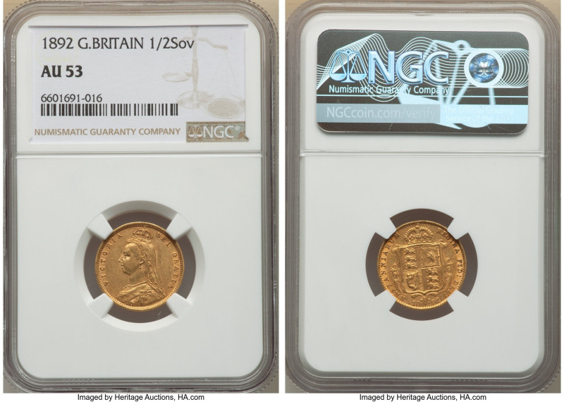 Victoria gold 1/2 Sovereign 1892 AU53 NGC, KM766. HID09801242017 © 2022 Heritage...