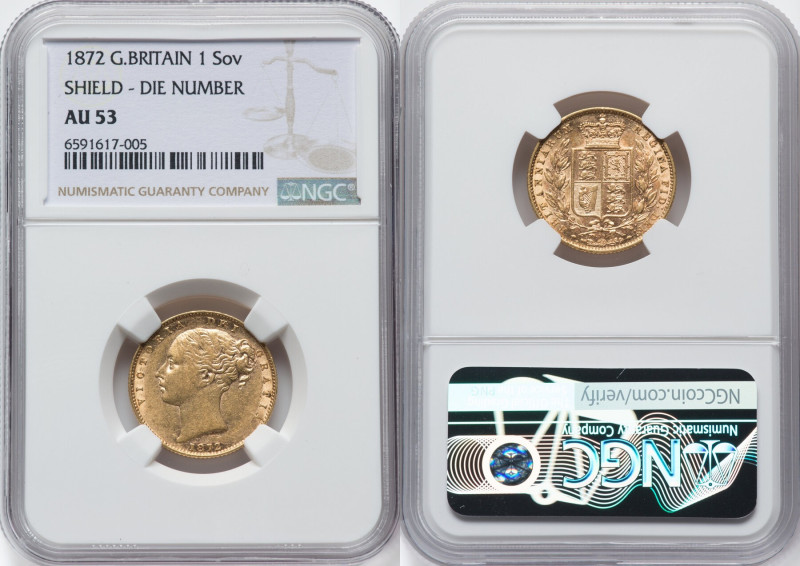 Victoria gold "Shield" Sovereign 1872 AU53 NGC, KM736.2, S-3853B. Die #36. HID09...