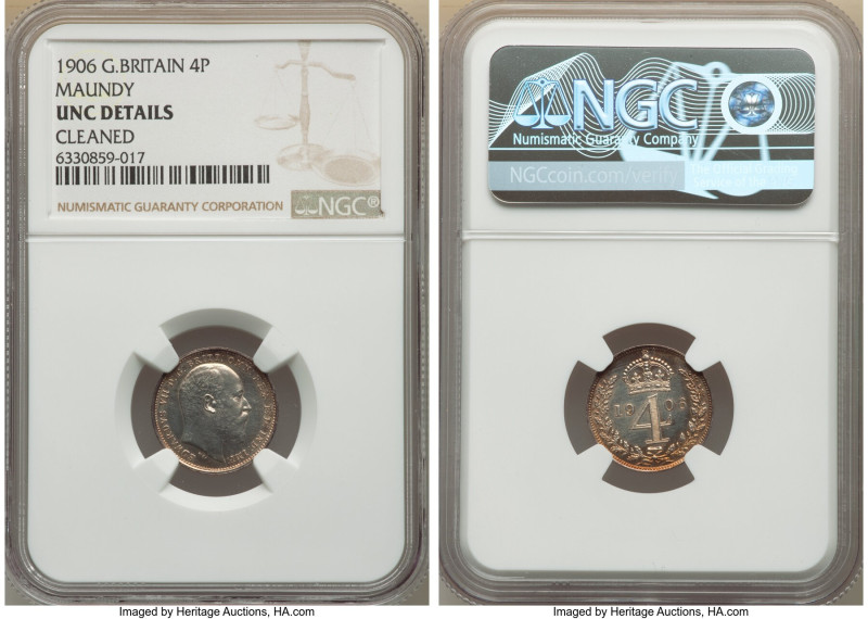 Edward VII 4-Piece Certified Maundy Set 1906 NGC, 1) 4 Pence - UNC Details (Clea...