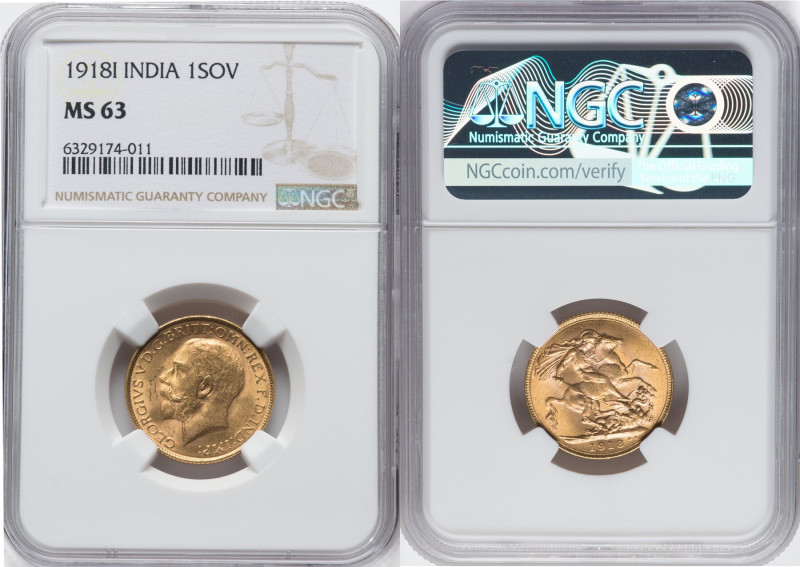 British India. George V gold Sovereign 1918-I MS63 NGC, Bombay mint, KM-A525, Fr...