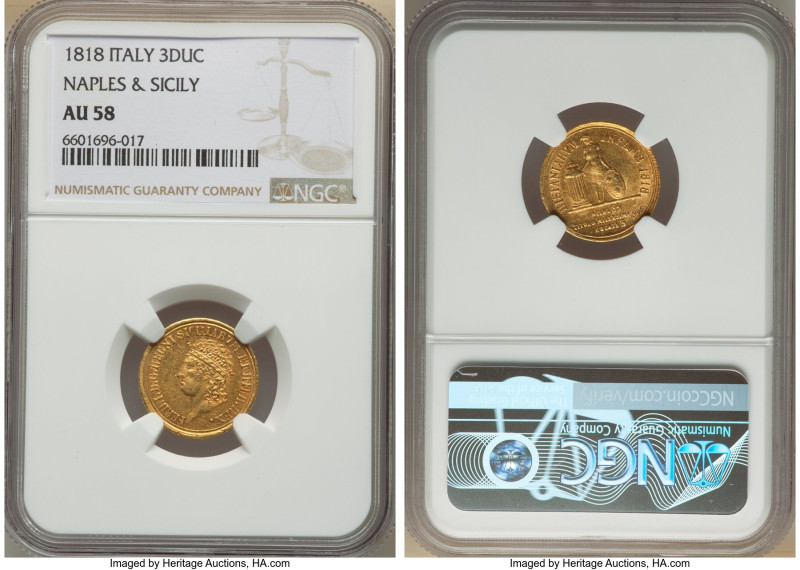 Naples & Sicily. Ferdinand I gold 3 Ducati 1818 AU58 NGC, Naples mint, KM286, Fr...