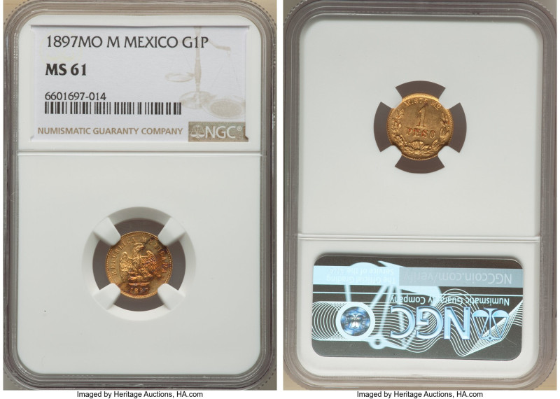 Republic gold Peso 1897 Mo-M MS61 NGC, Mexico City mint, KM410.5. HID09801242017...