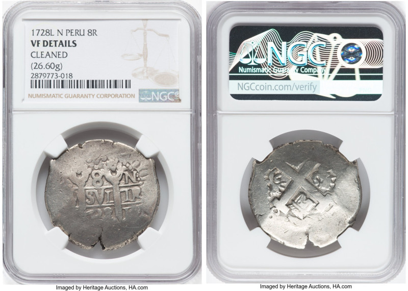 Philip V Cob 8 Reales 1728 L-N VF Details (Cleaned) NGC, Lima mint, KM34a. 26.60...