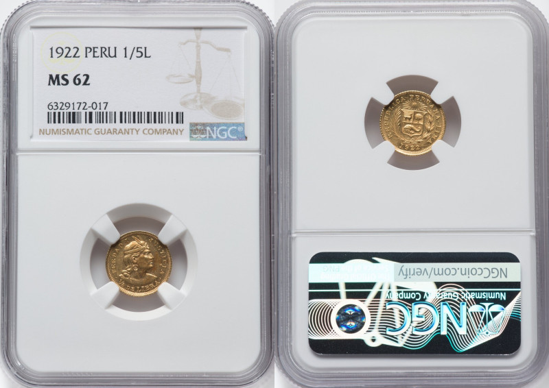 Republic gold 1/5 Libra 1922 MS62 NGC, Lima mint, KM210, Fr-75. HID09801242017 ©...