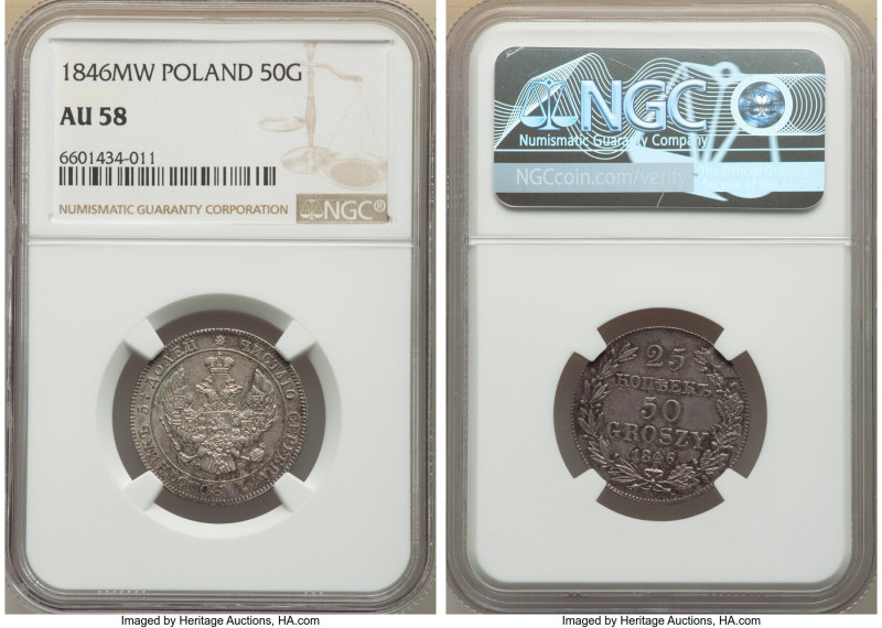 Nicholas I of Russia 50 Groszy-25 Kopeks 1846-MW AU58 NGC, Warsaw mint, KM-C131,...