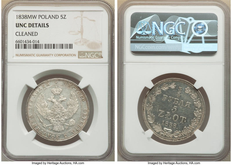 Nicholas I of Russia 5 Zlotych-3/4 Ruble 1838-MW UNC Details (Cleaned) NGC, Wars...