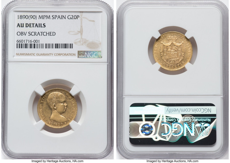 Alfonso XIII gold 20 Pesetas 1890(90) MP-M AU Details (Obverse Scratched) NGC, M...