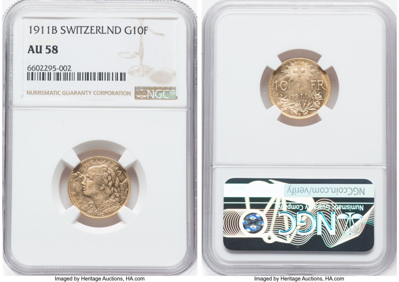 Confederation gold 10 Francs 1911-B AU58 NGC, Bern mint, KM36, Fr-504. HID098012...