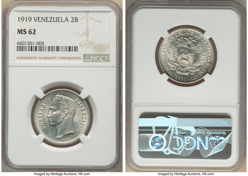 Republic 2 Bolivares 1919-(p) MS62 NGC, Philadelphia mint, KM-Y23. HID0980124201...