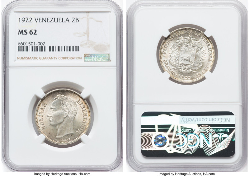 Republic 2 Bolivares 1922 MS62 NGC, Philadelphia mint, KM-Y23. HID09801242017 © ...