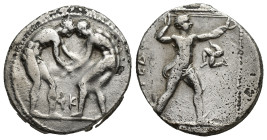 PAMPHYLIA, Aspendos. Circa 380/75-330/25 BC. AR Stater (22mm, 10.41 g). Two wrestlers grappling; ΦK between / Slinger in throwing stance right; triske...