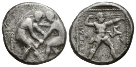 Pamphylia, Aspendos, AR Stater (21mm, 10.73 g) (ca. 380-330 BC) - Two wrestlers grappling / ΕΣΤΦΕΔΙΙΥΣ Slinger to right, triskeles in field.
