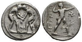 Pamphylia, Aspendos AR Stater. (23mm, 10.39 g) Circa 380/75-330/25 BC. Two wrestlers grappling; MΛ between / Slinger in throwing stance right; EΣTFEΔI...