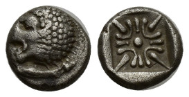 IONIA. Miletus. Ca. late 6th-5th centuries BC. AR 1/12 stater or obol (9mm, 1.00 g). Milesian standard. Forepart of roaring lion right, head reverted ...