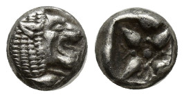 IONIA. Miletus. Ca. late 6th-5th centuries BC. AR 1/12 stater or obol (7mm, 1.17 g). Milesian standard. Forepart of roaring lion left, head right / St...