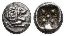 IONIA. Miletus. Ca. late 6th-5th centuries BC. AR 1/12 stater or obol (9mm, 1.17 g). Milesian standard. Forepart of roaring lion left, head right / St...