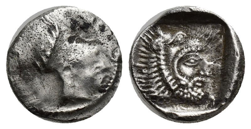 LYCIA, Telmessos?. Circa 410-390 BC. AR Diobol (12mm, 1.53 g). Helmeted head of ...
