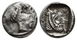 LYCIA, Telmessos?. Circa 410-390 BC. AR Diobol (12mm, 1.53 g). Helmeted head of Athena right. Rev: Bearded head of Herakles right, wearing lion skin h...