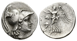 PAMPHYLIA, Side. Circa 2nd-1st Century BC. AR Drachm (17mm, 3.70 g). Head of Athena right, wearing crested Corinthian helmet / Nike advancing left, ho...