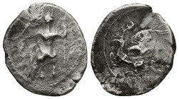 Cappadocian Kingdom. Ariarathes I. 333-322 B.C. AR drachm (20mm, 5.29 g). Gaziura. Baal of Gaziura seated left with torso facing, holding grapes, grai...