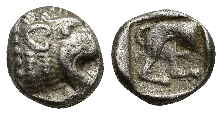 ASIA MINOR. Uncertain. Diobol (9mm, 1.31 g) (Circa 5th century BC). Obv: Head of...