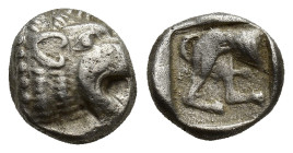 ASIA MINOR. Uncertain. Diobol (9mm, 1.31 g) (Circa 5th century BC). Obv: Head of roaring lion right. Rev: Back part of lion right; all within incuse s...
