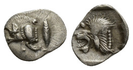 Mysia. Kyzikos circa 480 BC. Hemiobol AR (8mm, 0.40 g). Forepart of boar to left, to right, tunny fish swimming upwards / Head of lion to left within ...