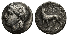 IONIA. Miletos. Circa 350-340 BC. AR Drachm (14mm, 3.26 g). Demainos, magistrate. Laureate head of Apollo left / Lion walking left, looking right; M b...