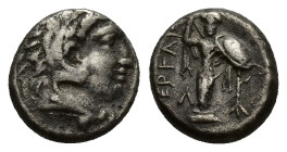 MYSIA, Pergamon. Circa 310-282 BC. AR Diobol (9mm, 1.32 g). Head of Herakles right, wearing lion skin / Archaistic Palladion: statue of Pallas Athena ...